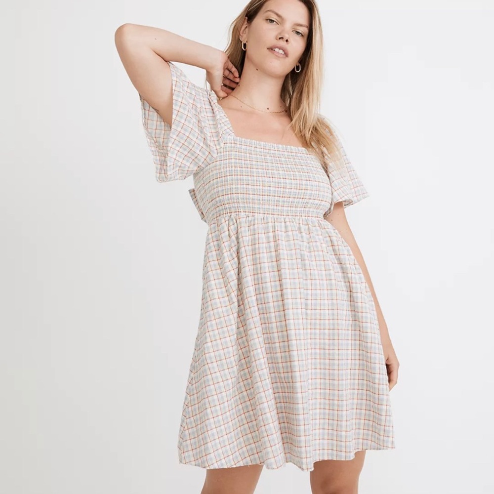 Madewell Cream Plaid Smocked-Bodice Mini Dress